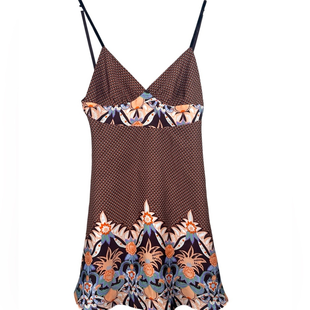 FOREVER Y2K Unique‎ Brown/Orange Floral Strappy Nightgown Mini Dress Womens Sz M